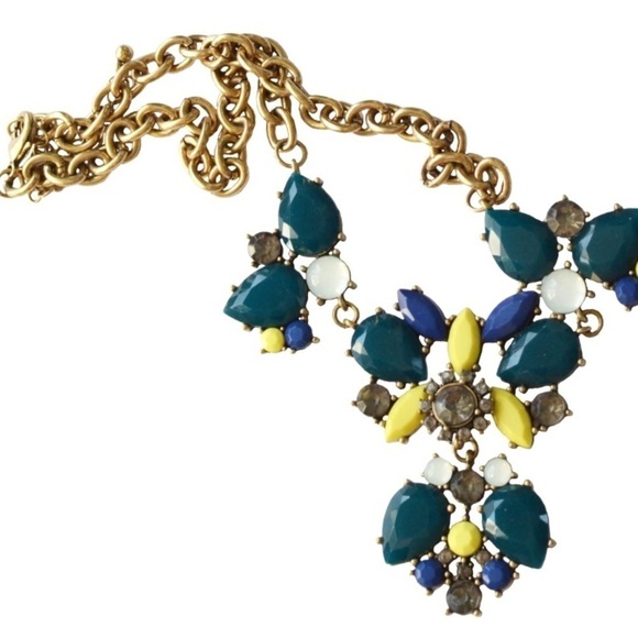 J. Crew Crystal Floral Teal Indigo Yellow Multi-Color Statement Bib Necklace - Picture 15 of 15